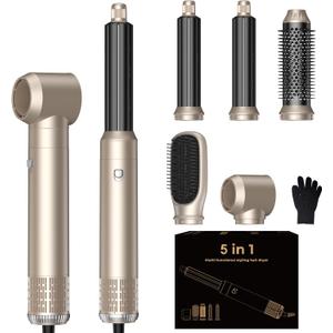 Blow Dryer Brush Set 5 in 1, Hot Air Styler Negative Ionic Low-Temp Hair Care Air Curling Wrap, Round Brush Dryer & Curling Iron for Dry Volumize Straight Curl, 100-120V (Champagne Gold)