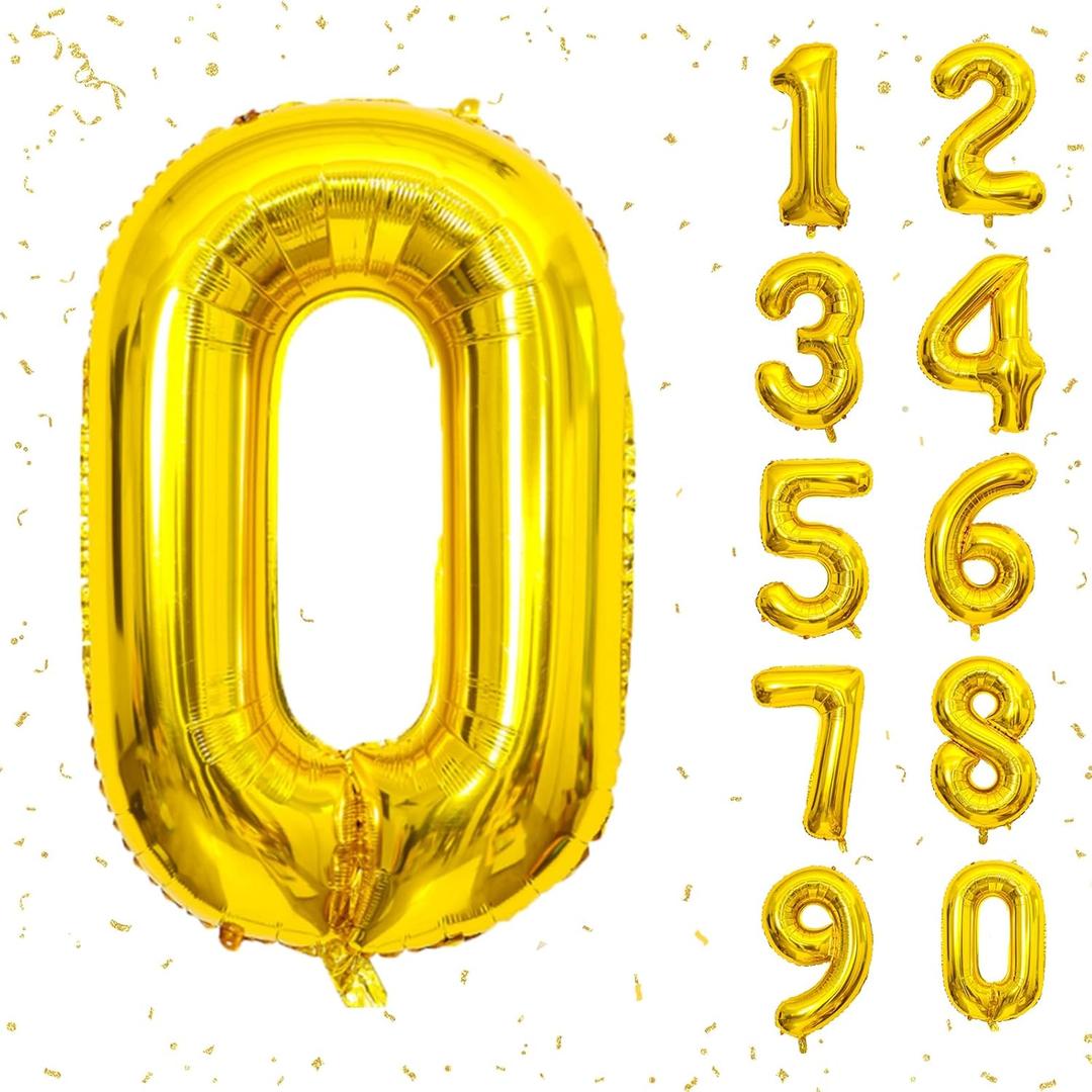 40 Inch Gold Number Balloons, Helium Mylar Foil Number Balloons for Birthday, Number 0 Balloon for Birthday Decorations for Kids, Anniversary Party Decorations Supplies