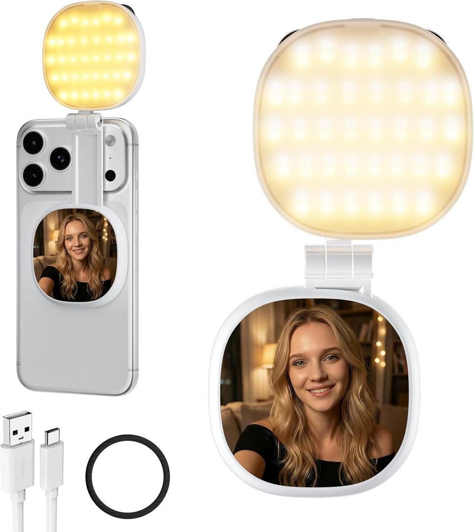 2 x Foldable Magnetic Phone Selfie Light: No Camera Blocking CRI 95+ with Mirror & Adjustable & Rechargeable for Selfies/Photography/Vlog/Conference/Video Recording/Content Creator (White)