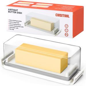 Airtight Butter Dish with Lid for Countertop and Refrigerator Door Shelf, Butter Keeper with Safety Lock, Butter Holder for East/West Coast Butter, One Press to Close, BPA Free, Dishwasher Safe