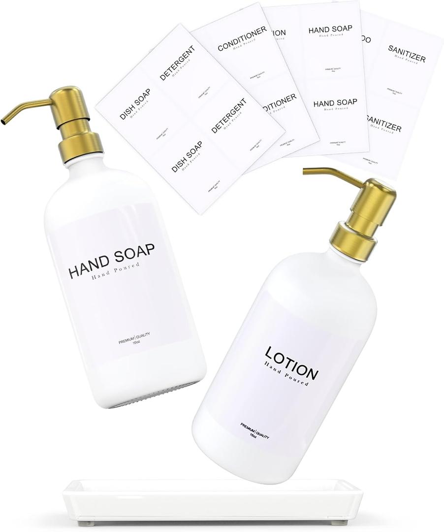 Soap Lotion Dispenser Set, Durmmur White Soap Dispenser With Ceramic Tray, Hand And Dish Soap Dispenser Set With 16 Waterproof Labels For Kitchen /Bathroom/Farmhouse