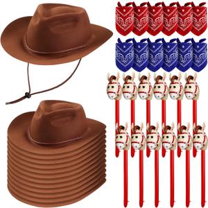 Xtinmee 36 Pcs Cowboy Party Costume Set, Cowboy Hats Paisley Bandanas Inflatable Stick Horses Kids Christmas Party Supplies (Brown)