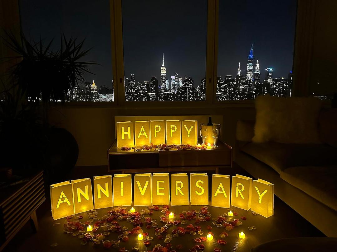 Happy Anniversary Decorations Light up Letters with 30 Tea Lights Candles and 2000 Rose Petals Included - Luminary Paper Bags to be Used as Happy Anniversary Banner and Anniversary Decorations