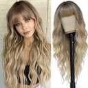 MINSEEYOO Ombre Blonde Wig with Bangs for Women Long Ombre Blonde Wavy Wigs 26 Inch Blonde Wigs Natural Looking Heat Resistant Synthetic Wig for Daily Party Use