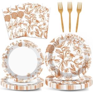 96Pcs Thanksgiving Party Supplies Paper Plates Napkins Thanksgiving Fall Harvest Cake Dessert Tableware Set Thankful Pumpkin Floral Picnic Dinnerware for Birthday Baby Shower Decoration Serve 24