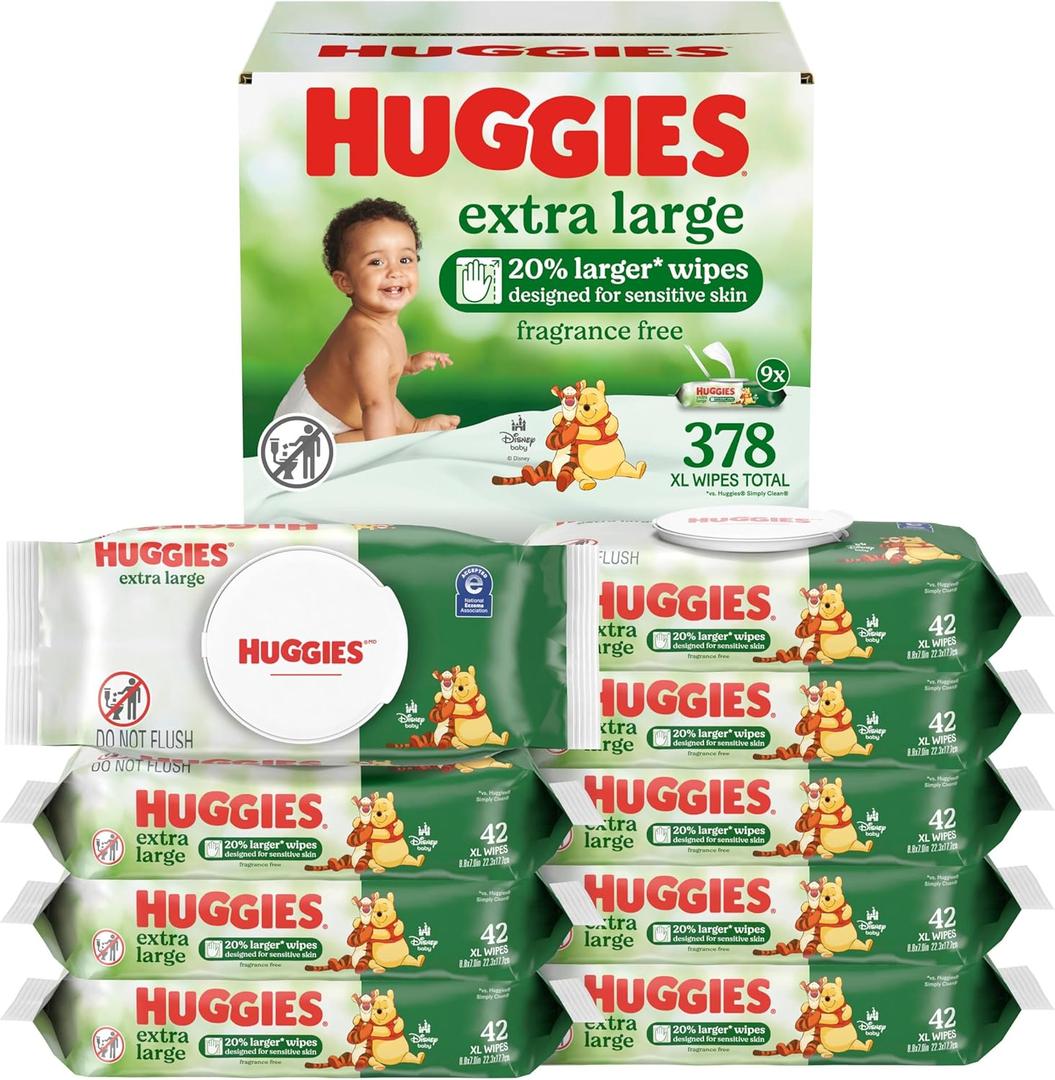 Huggies Extra Large Baby Wipes, Unscented, 9 Flip-Top Packs, 378 XL Wipes Total