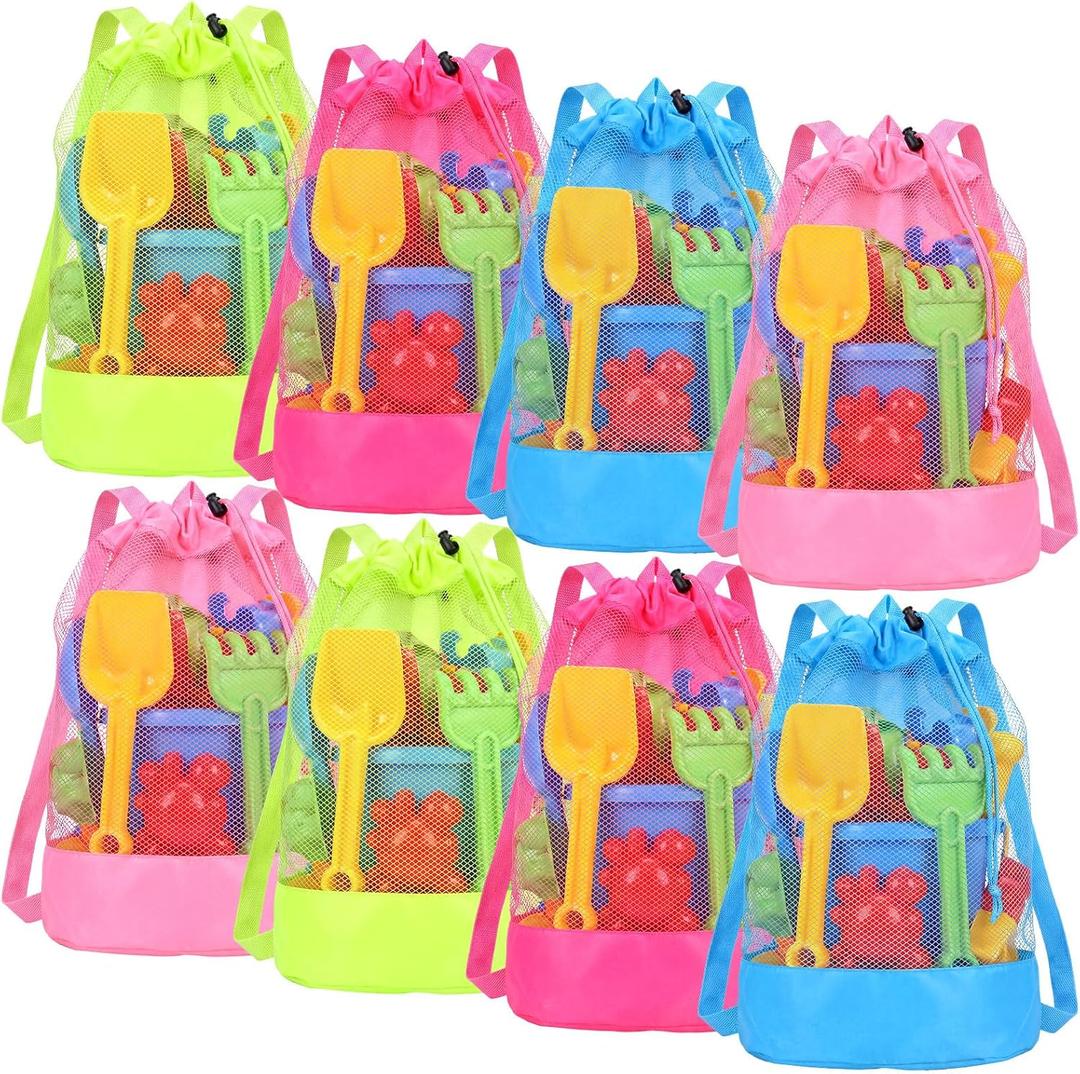 8 Pcs Beach Toys Bags Summer Mesh Seashell Collecting Bag with Handles Pool Party Gift Pouch for Market Grocery(Bright,Backpack)
