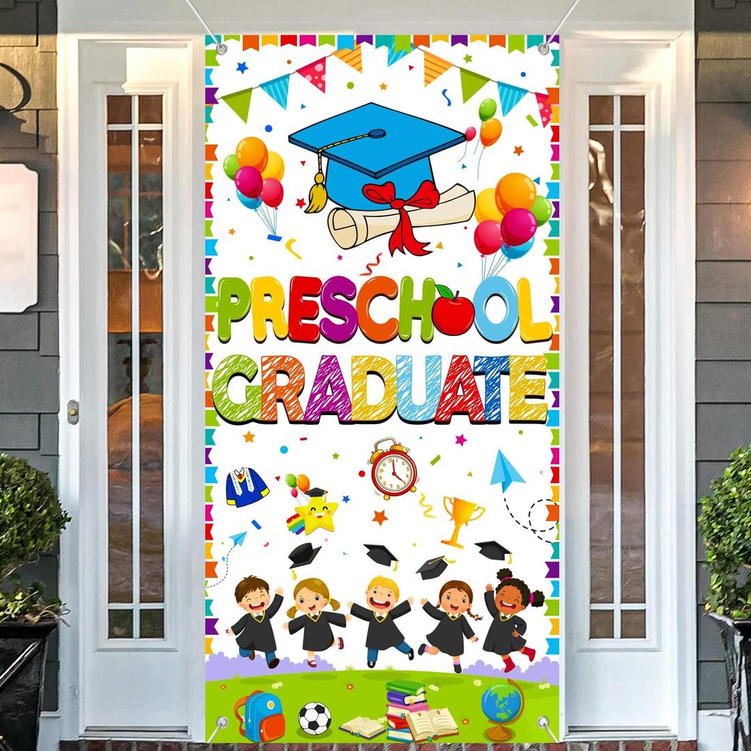Large 70.8x35.4 Inch Preschool Graduation Banner, Preschool Graduation Decorations, Pre k Graduation Decorations, White Preschool Graduation Door Cover for Class School tineit