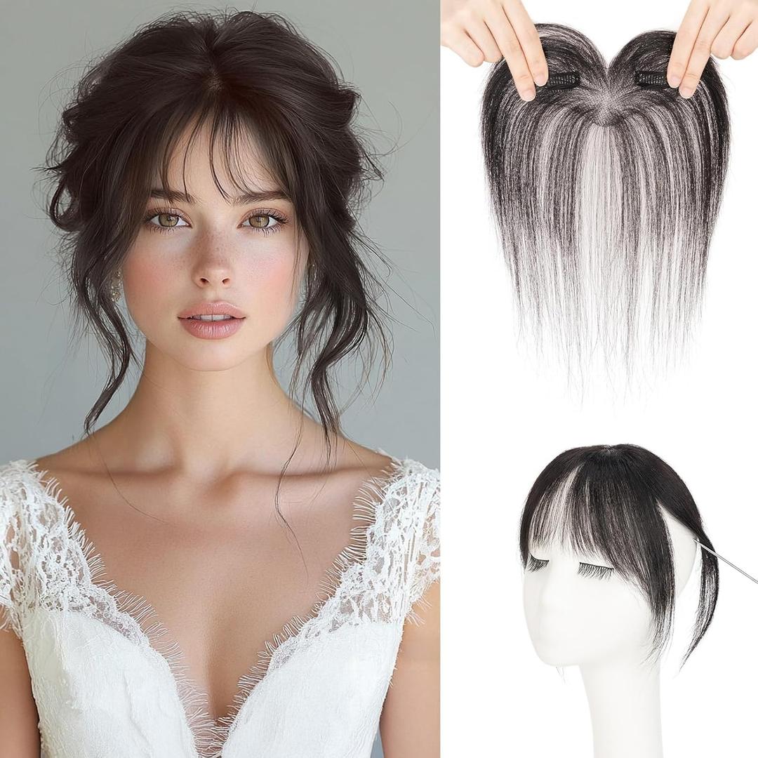 MY-LADY Clip In Bangs Human Hair Bangs 100% Real Human Hair Clip on Wispy Bangs Fringe with Temples Hairpieces for Women