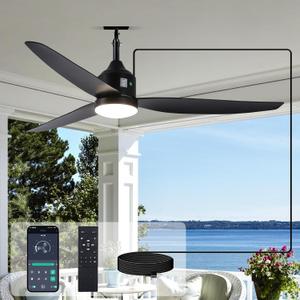 Outdoor Ceiling Fan with Light, 52 Inch Black Waterproof Plug in Ceiling Fan with Remote Control, Reversible Quiet DC Motor, 3-Color Dimmable LED for Gazebo, Porch