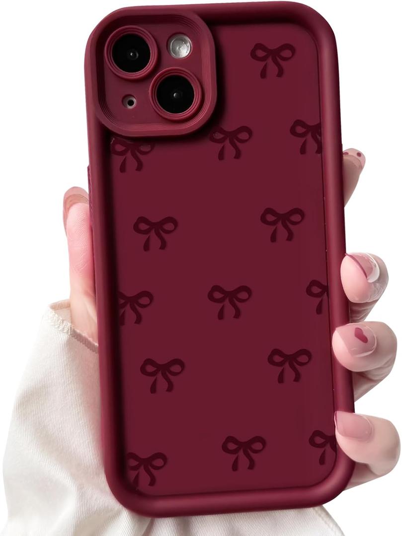 NITITOP Compatible with iPhone 14 Plus Case Cute Stylish Bow Knot Ribbon Design for Women Girls Artistic Bowknot Soft TPU Shockproof Protective Full Camera Protection Cover - Wine Red