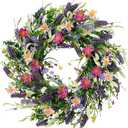 22 Inch Spring Summer Flower Wreaths for Front Door, Artificial Colorful Floral Door Wreaths with Lavender Daisies Green Leaves Farmhouse for Inside Outside Home Window Weeding Decor