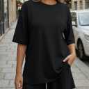 Trendy Queen 2 Piece Summer Set Oversized Top & Loose Fit Shorts with Pockets (Black, S)