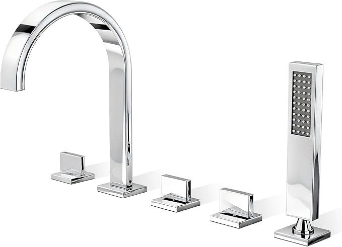 Roman Bathtub Faucet Set with Handheld Sprayer and Rough-in Valve Widespread Deck Mount 5 Hole Classic High Arch Tub Faucets Trim Kit 3 Handle with Diverter Lever Bath Tub Filler (Chrome)