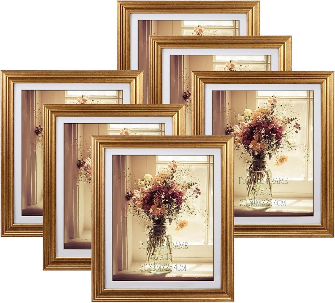 MEBRUDY 8x10 Picture Frames with Mat, Gold Photo Frames Set for Wall or Tabletop Display, 6 Pack