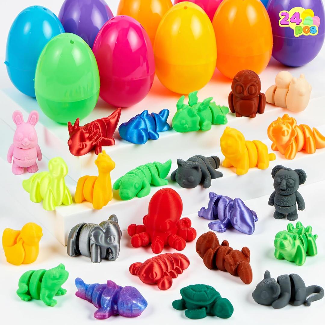 JOYIN 24 Pcs Prefilled Easter Eggs with 3D printed Mini Animals, 3D Articulated Toys for Party Favors, Basket Stuffers, Goodie Bag Fillers, Classroom Prize Supplies, Party Games for Boys & Girls
