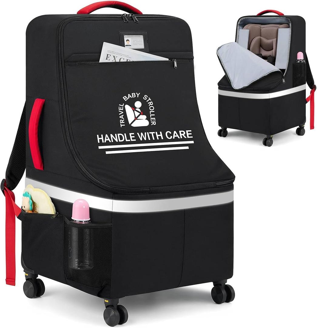 RAINSMORE Padded Car Seat Travel Bag for Airplane with Spinner Wheels, Large