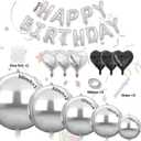 Silver Birthday Decorations with 16pcs Large 4D Foil Balloons in Different Size (10-50 Inch) + 6pcs 18" Heart Balloons + 16 Happy Birthday Banner for Bday, Wedding Bridal Decoration (Silver)