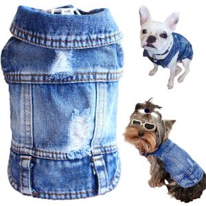 Dog Jean Jacket, Blue Denim Shirt Classic Lapel Vest Coat Costume Puppy T-Shirt, Comfort Tank Top Cool Apparel, Washed Pet Clothes for Dogs Boy Girl (Blue, X-Large)
