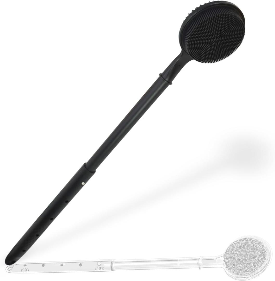 OZNER 24 Inches Silicone Back Scrubber for Shower - Extendable Long Handle Shower Brush with Dual-Sided Bristles - Exfoliating Body Scrubber for Sensitive Skin - Perfect for Men & Women (Black)