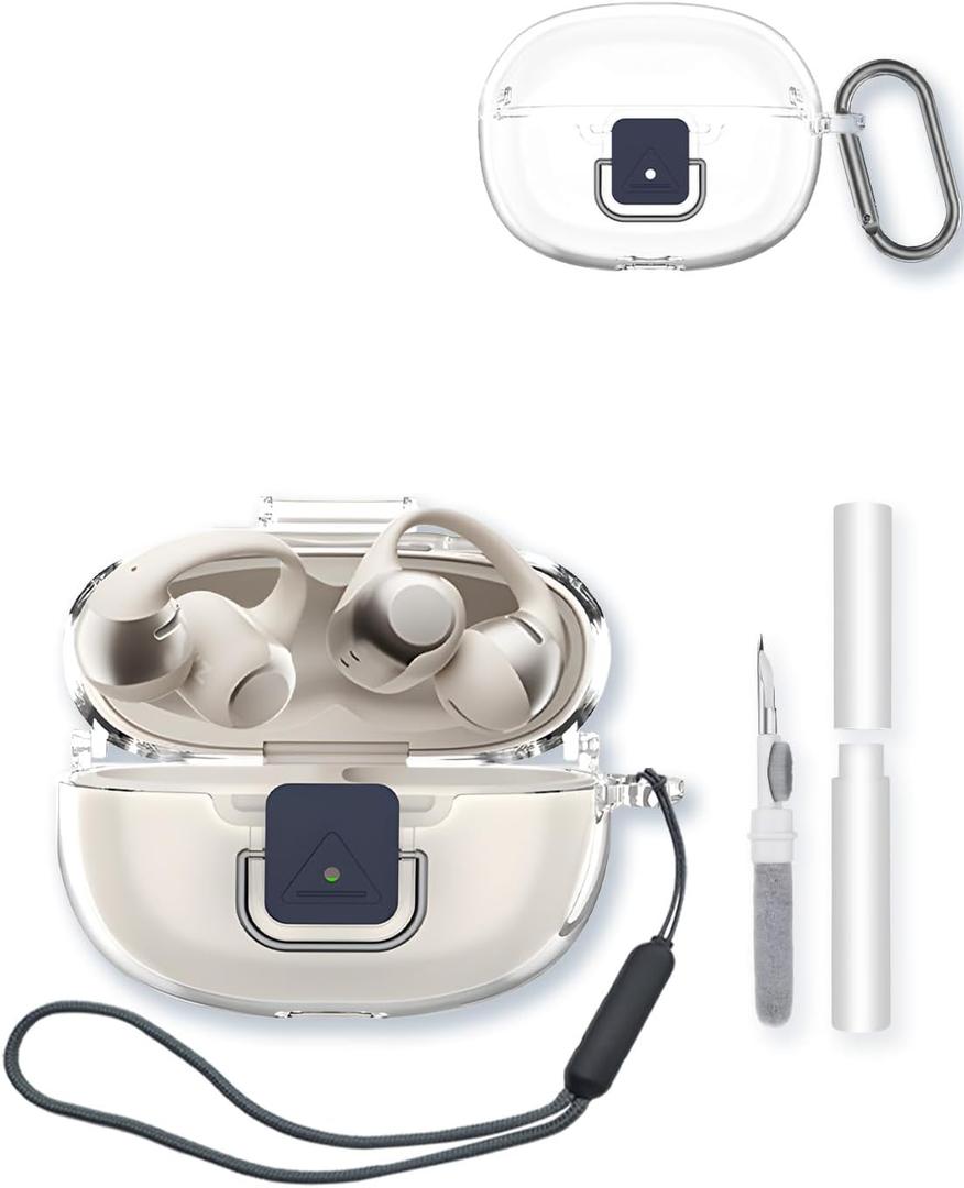 Case for SHOKZ Open Dots ONE Bluetooth Earbuds, BOVUGAC High Transparency Soft TPU Shockproof Cover with Drop-Proof Lock, Keychain, Cleaning Kit and Lanyard-Clear