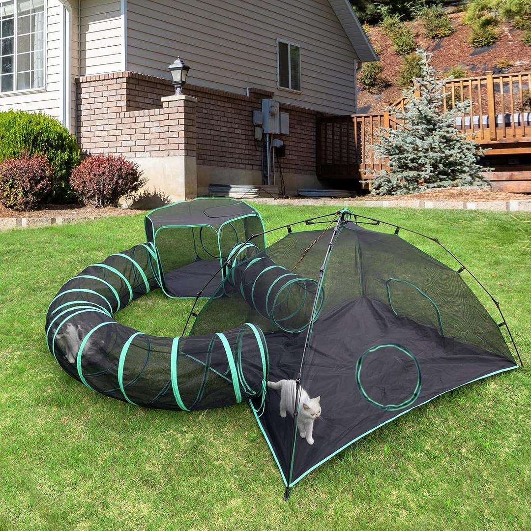 Pawtenda Cat Tents for Outside, Green Outdoor Cat Enclosures, Foldable Pet Playpen with Tunnels for Outside, Portable 4-in-1 Catio Including 2 Tents and 2 Tunnels