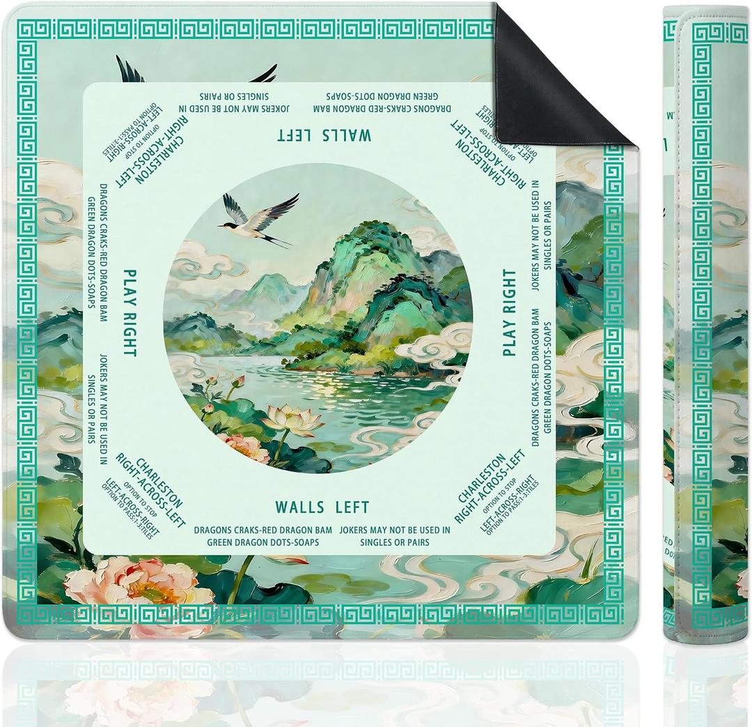 Teal Chinoiserie Mahjong Mat for Table, Vintage Chinese Mountain Crane Scenery 31.5" x 31.5" Non-Slip & Noise Reduction Mahjong Mat for Poker Dominoes Cards & Board Games