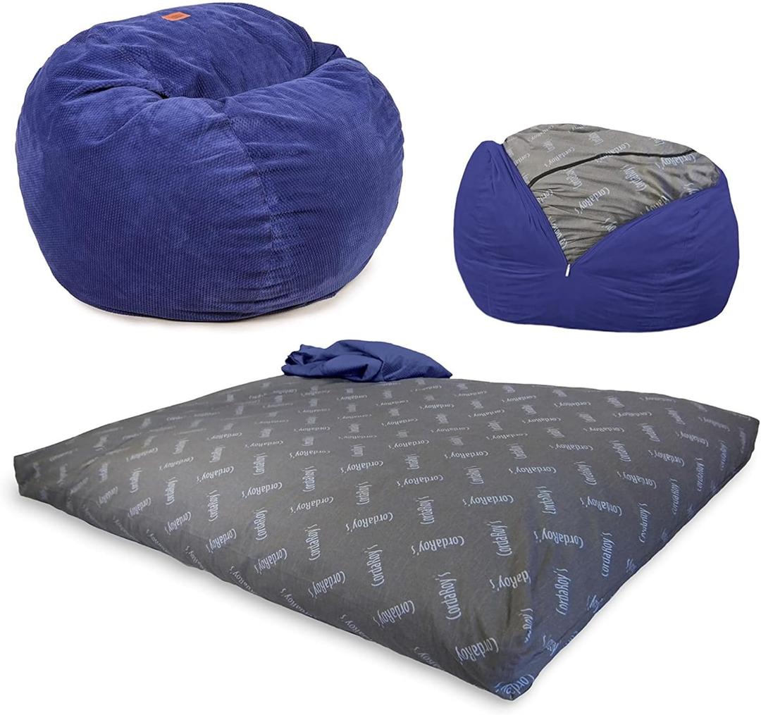 CordaRoy's Chenille Bean Bag Chair, Convertible Chair Folds from Bean Bag to Lounger, As Seen on Shark Tank, Navy - Queen Size