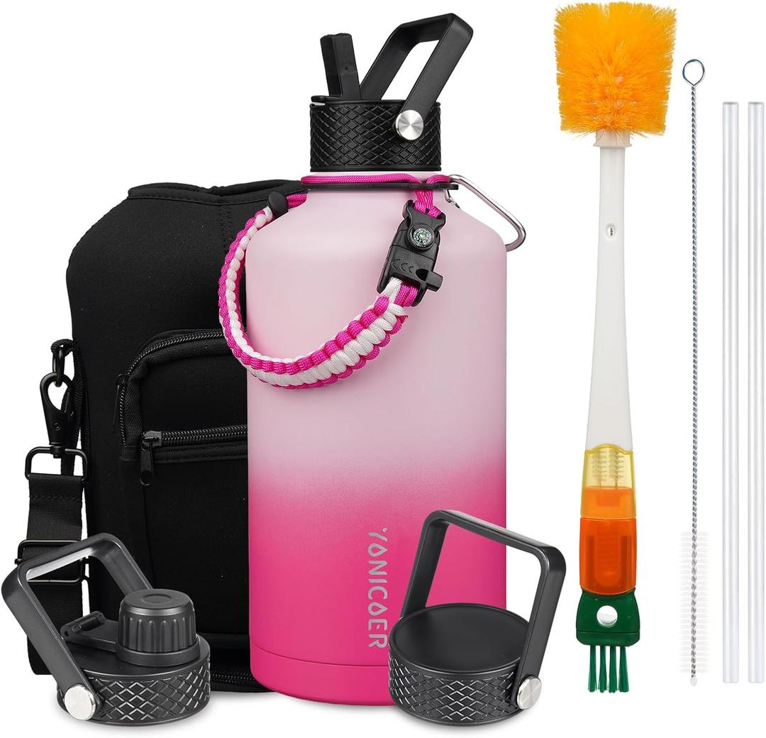 Insulated Water Bottle 87oz,Triple Wall Vacuum Stainless Steel(Dishwasher Safe),Leak Proof & Non-BPA,Flask Jug with Paracord Handle & Straw Spout Lids Sports Sakura