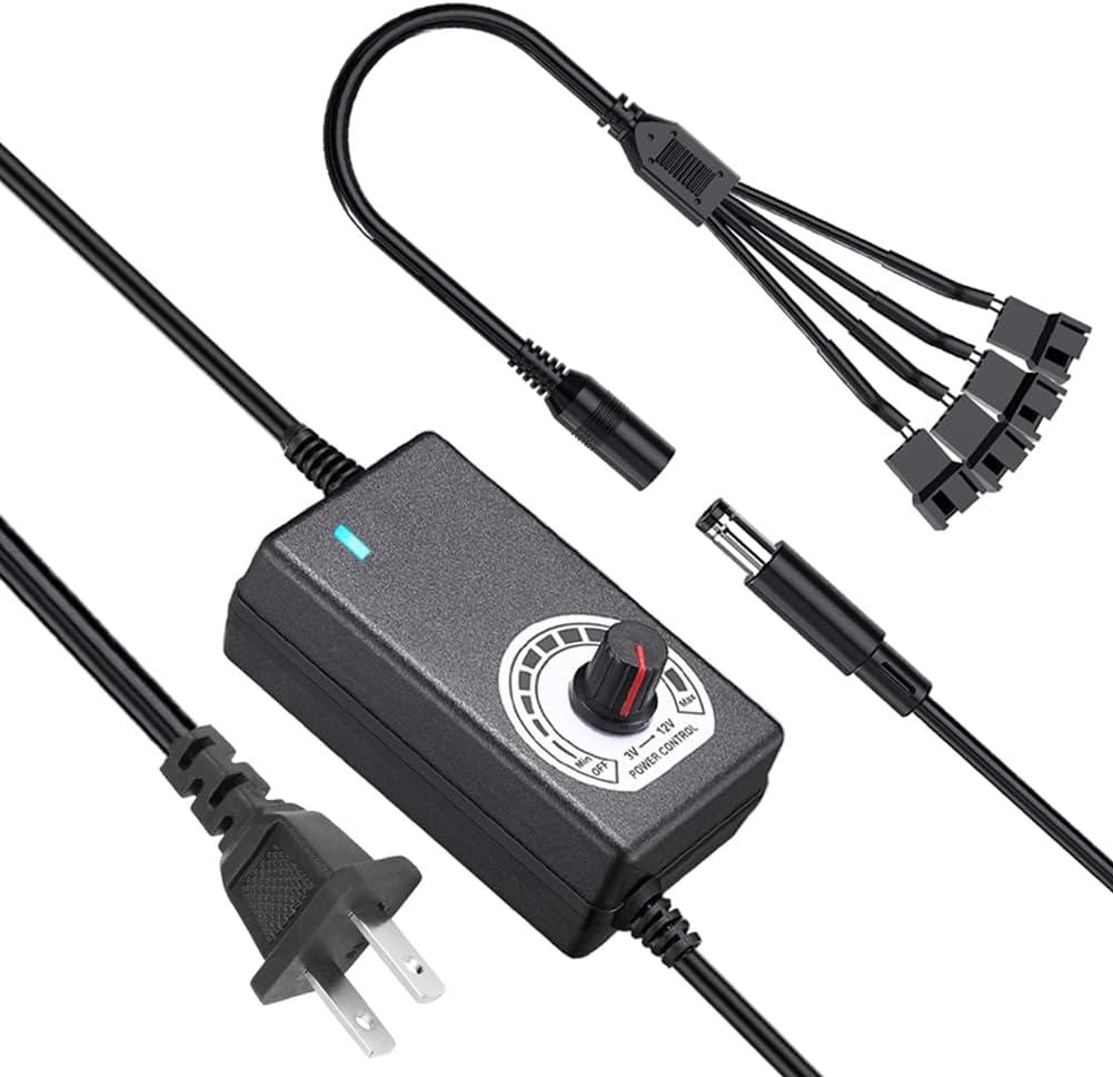 Delinx 36W 12V PC Fan Power Supply,4 Cooling Fan Speed Controller,100-240vAC to 3-12vDC Adjustable 3A Power Adapter,with Fan Splitter Cable,DC Female to 4 x 3/4 Pin, Multi-Functional