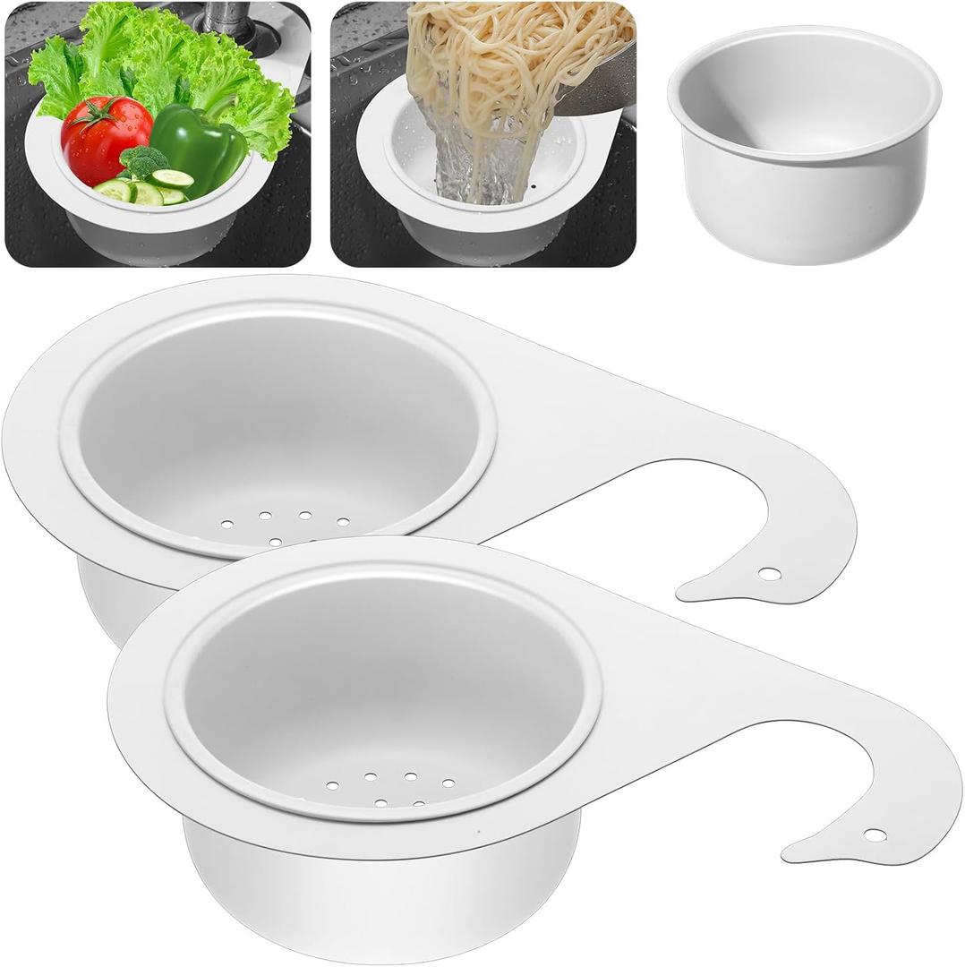 Teenyyou 2 Pcs Stainless Steel Sink Strainer Basket 15 Oz Multifunction Hanging Sink Colander Drain Basket Faucet Upgrade Quick Draining Kitchen Tool for Fruit Vegetable, 8.7 x 3.9 x 2.3 Inch (White)