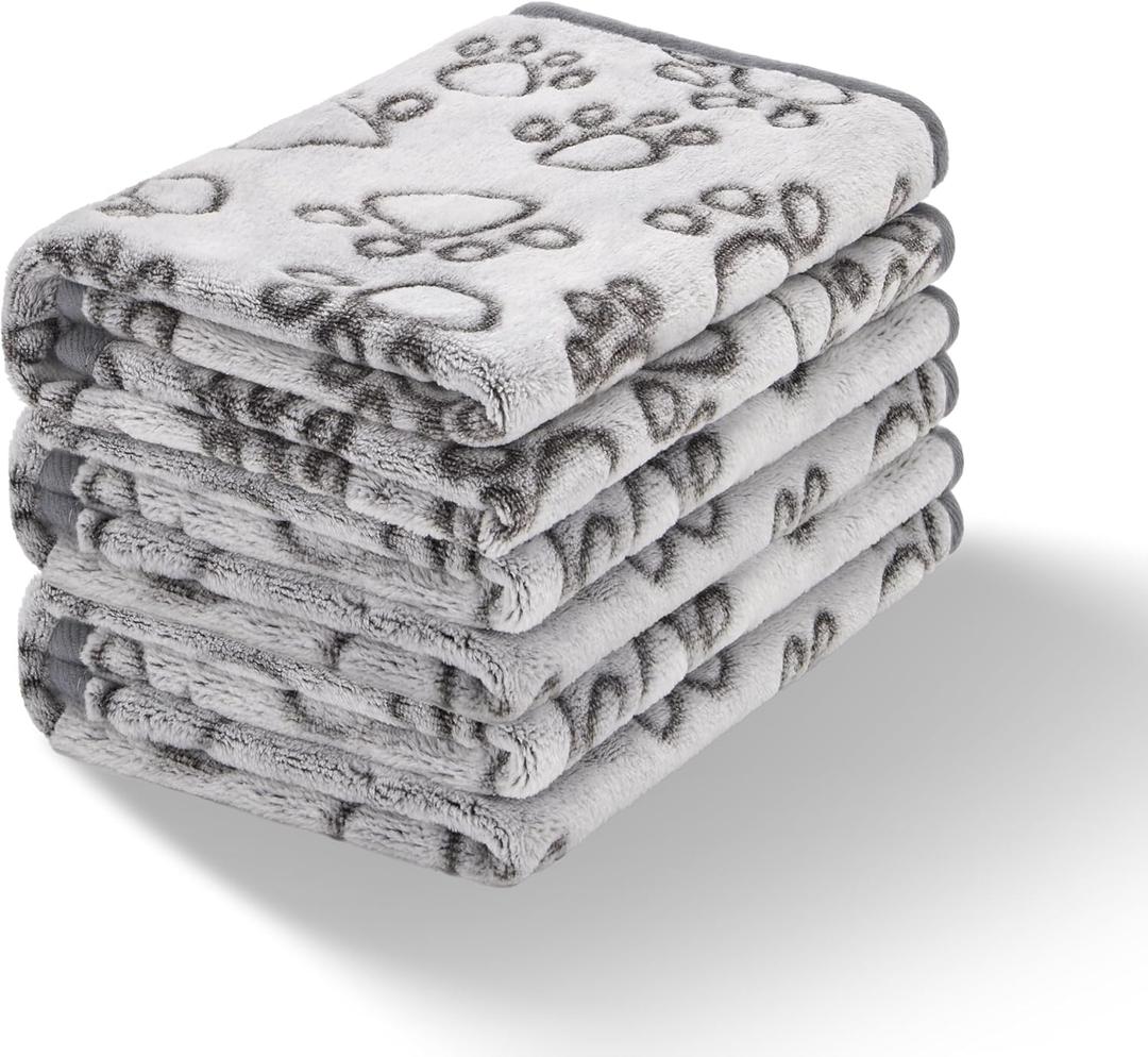 Stuffed 3 Pcs Soft Dog Blankets for Small Dogs Newborn, Washable Puppy Blanket for Cat Kitten Essentials, 24 * 16 Inches, Grey Cute Paw Print