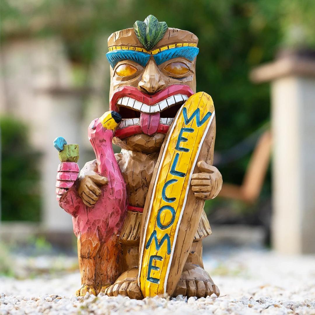 Solar Tiki Statue Outdoor Decor - Tiki Surfboard Welcome Sign Flamingo Waterproof Figurines for Tiki Bar,Patio,Balcony,Yard,Lawn Decorations,Gardening Gift for Tiki Lover