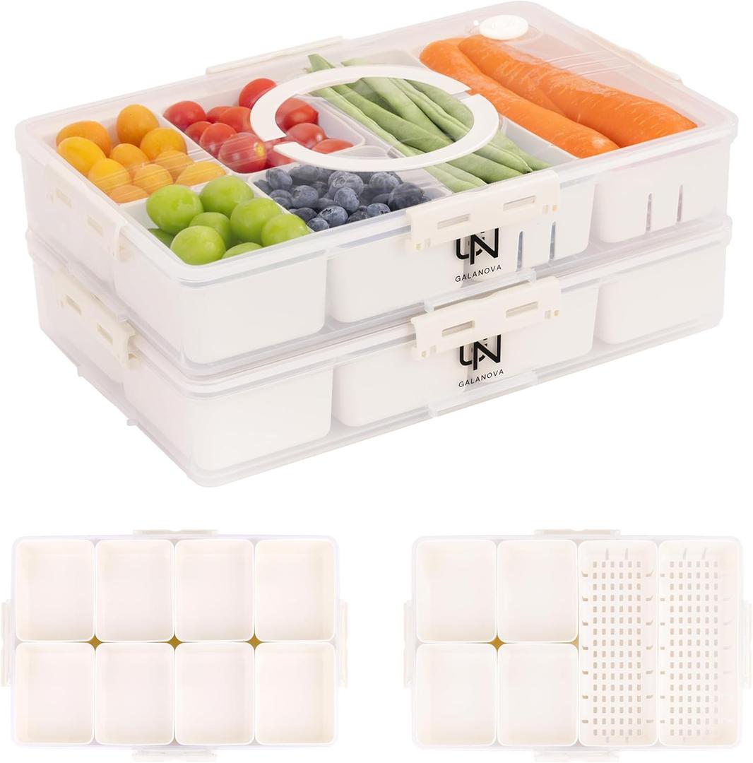 Stackable Snackle Box Container with 2 Lids, 14 Compartments - BPA-Free Snackle Box Organizer, Dishwasher & Microwave Safe Reusable Snacklebox for Veggies, Fruits, Charcuterie, Snacks (White, 2 Pack)