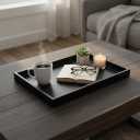 20 x 14 inches High-End Light Luxury Leather Rectangle Oversized Service Tray for Ottoman Tray, Coffee, Food, Family Dinner, Picnic, Party Essentials (Black, 20 x 14 inch)