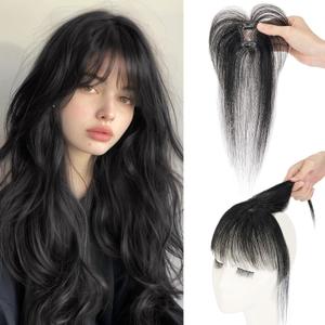 S-noilite Bangs Hair Clip,360 3D Cover Real Clip in Bangs Human Hair Toppers for Women With Wispy Bang Daily Wear Jet Black