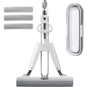 Mop and Bucket with Wringer Set for Home Floor Cleaning, Self Squeezing mini Hand mop with 3 Absorbent Sponge Mop Refills and Adjustable Height (Large, Gray)