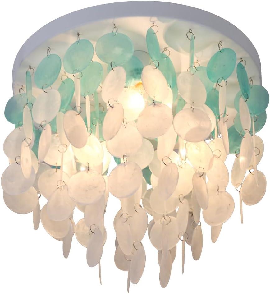 13.8" Capiz Shell Ceiling Light Fixtures 3 Lights Boho Shells Flush Mount Light for Bedroom, Kitchen Island, Bathroom, Entryway, Hallway, White and Blue