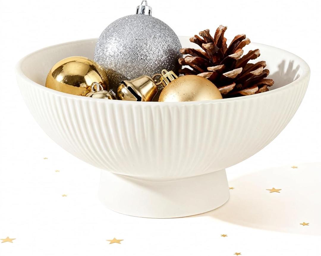 White Ceramic 8 Inch Small Decorative Bowl Fruit Bowl for Kitchen Counter Modern Pedestal Footed Centerpiece Bowl for Coffee Table & Home Decor Fall Catch-All Bowl for Key, Candy