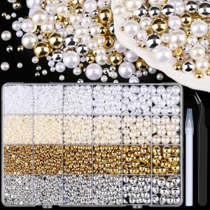 Flatback Pearls for Crafting, Gold/Silver/Beige/White 3-10mm Half Pearls with Pickup Tools, Bedazzling Beads for DIY Crafts Nail Art (08-24 grids-classic)