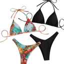 RoseSeek Women's 2 Pack Leopard Halter Bikini Set Brazilian Beach Swimwear (Black, L)