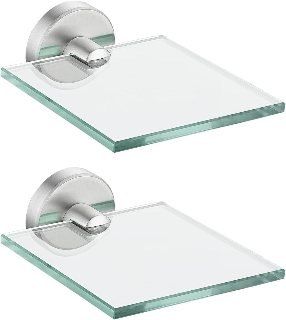 JQK Small Floating Glass Shelves Brushed, 4 Inch Display Ledges for Wall, Mini Decor, Living Room Bedroom Bathroom, Tempered Glass Shower Storage, 2 Pack, TGS101L4-BN-P2