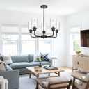 5-Light Modern Black Chandelier with Clear Glass Shades, E26 Base Farmhouse Pendant Light Fixture, Adjustable Swivel Heads Ceiling Lighting, Industrial Chandelier for Dining Room Kitchen Hallway