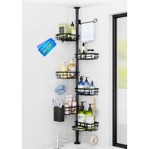 Corner Shower Caddy Organizer Tension Pole, Adjustable 6 Shower Shelves Corner Shelf 30-120Inch Rustproof Shower Rack for Inside Shower, Extra Towel Bar Soap Dish Bathroom Organizers and Storage Black