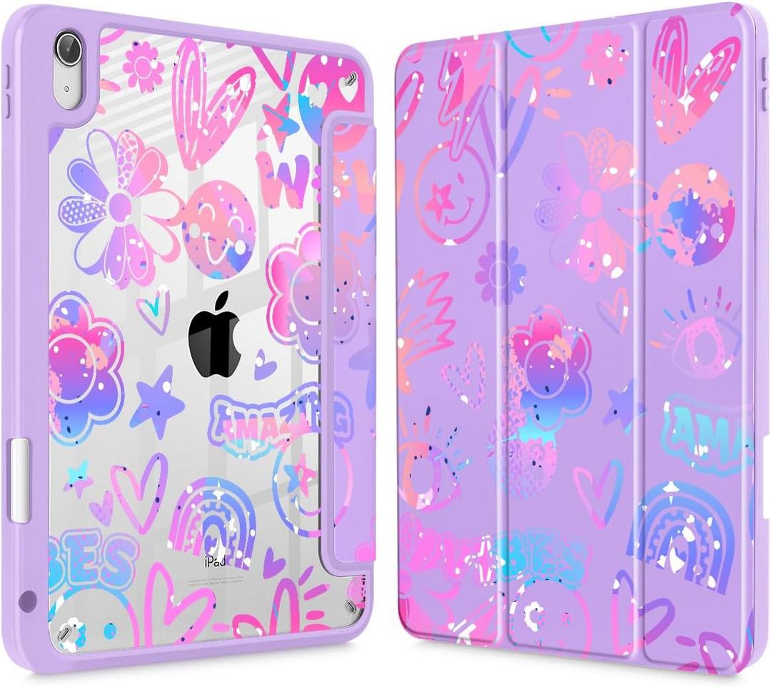 Tuiklol Case for iPad 11 inch (A16 Chip) 2025 Gen 11th / iPad 10.9 inch 2022 10th Gen, Buit in Pencil Holder with Shockproof Cover Clear Transparent Back Shell Auto Wake/Sleep,Fun Emotions Purple
