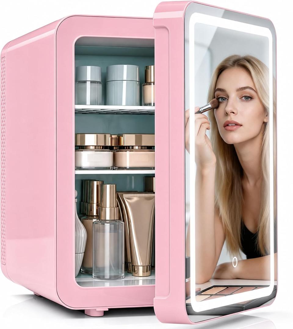 Kikihouse 16L Skincare Fridge with LED Mirror, Small Fridge for Makeup