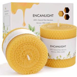 Pure Beeswax Pillar Candles 3x3 inch, Rolled Bees Wax Candle 2 Pack - 9 Hours Long Burning Honeycomb Candles, Dripless and Smokeless for Home Decor Party Wedding Dinner (Yellow)