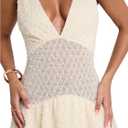 SOLY HUX Women's Summer Crochet Knit Mini Dress Deep V Neck Sleeveless Ruffle Layered A Line Vacation Party Dresses (L)