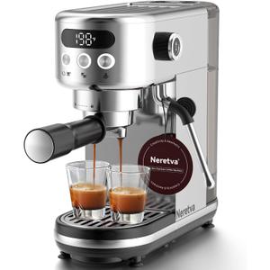 Neretva Espresso Machine 20 Bar, Super Compact Espresso Maker Stainless Steel Professional Coffee Machine Espresso with Power Steam & LED Display for Home Barista Latte and Cappuccino Maker-Silver