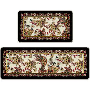 Vintage Floral Kitchen Rugs Set of 2 | Traditional Ethnic Paisley Flowers Floor Mats Home Decor, Retro Ornate Door Mat Decorations - 17x29 and 17x47 Inches